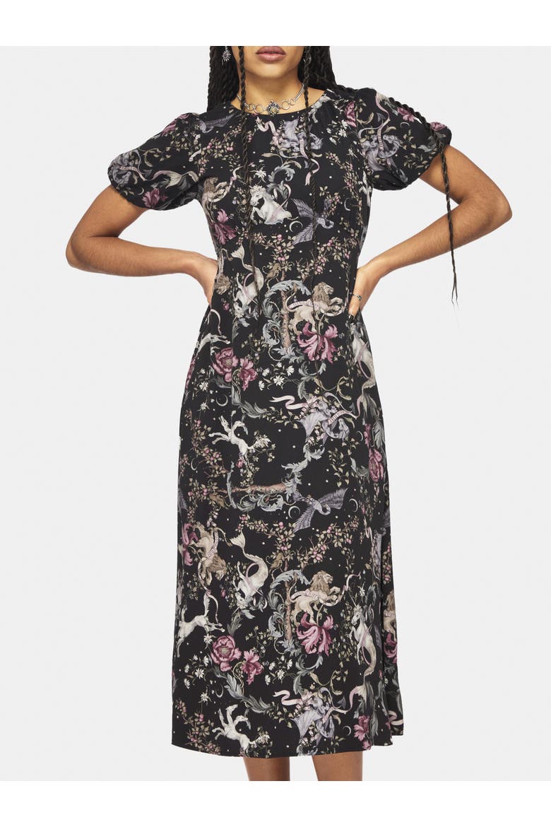 Merunicorn Enchanted Forest Midi Dress, Main, color, Black