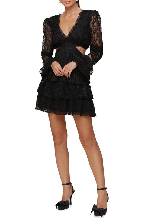Mixed Lace Long Sleeve Tiered Minidress