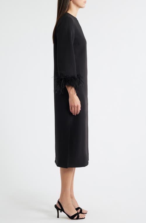 Lucy Paris Mariam Feather Trim Long Sleeve Cocktail Midi Dress In Black