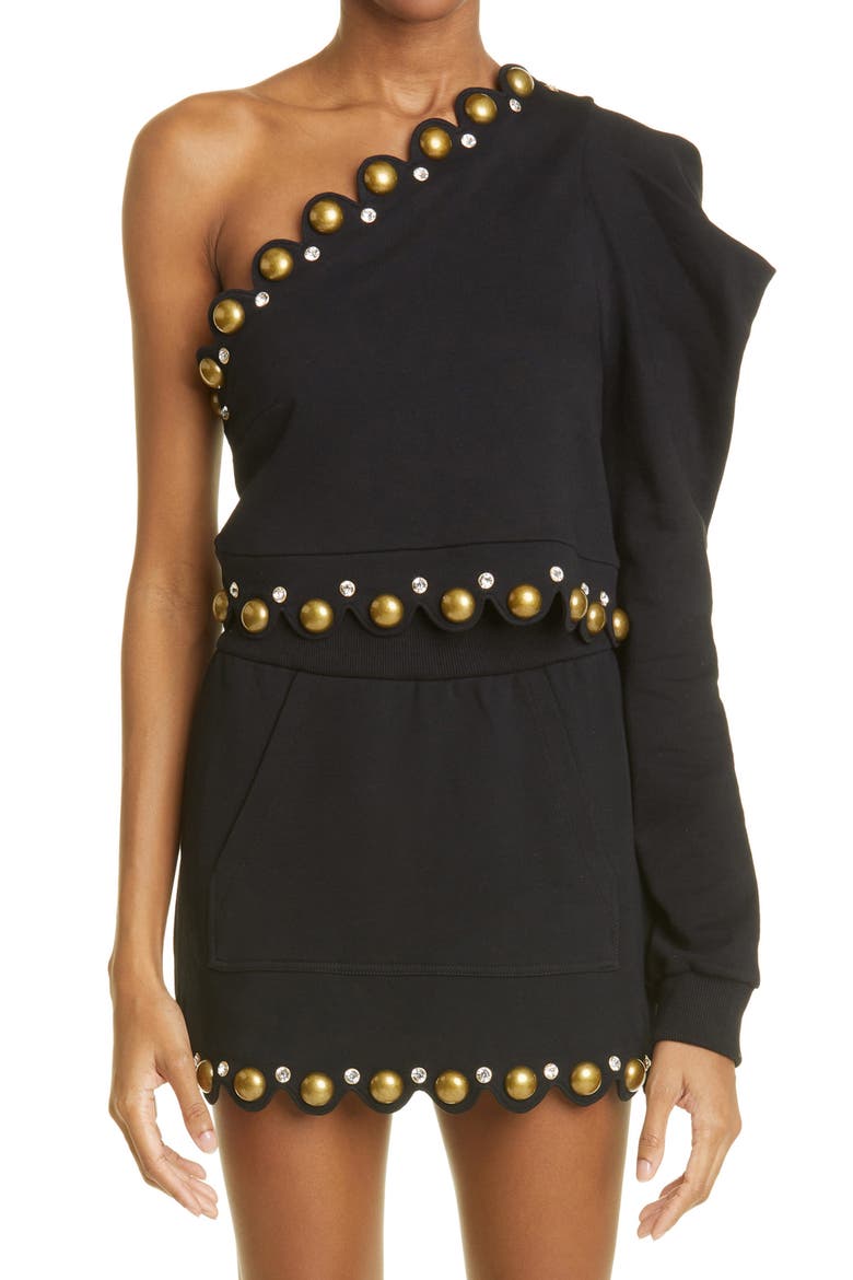 Dome Studded Scallop Miniskirt, Main, color, BLACK