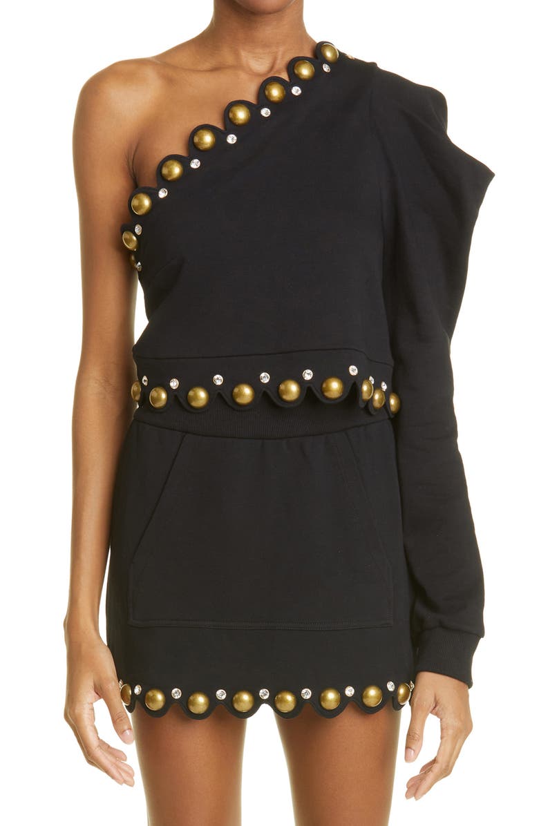 Area Dome Studded Scallop Miniskirt, Main, color, 