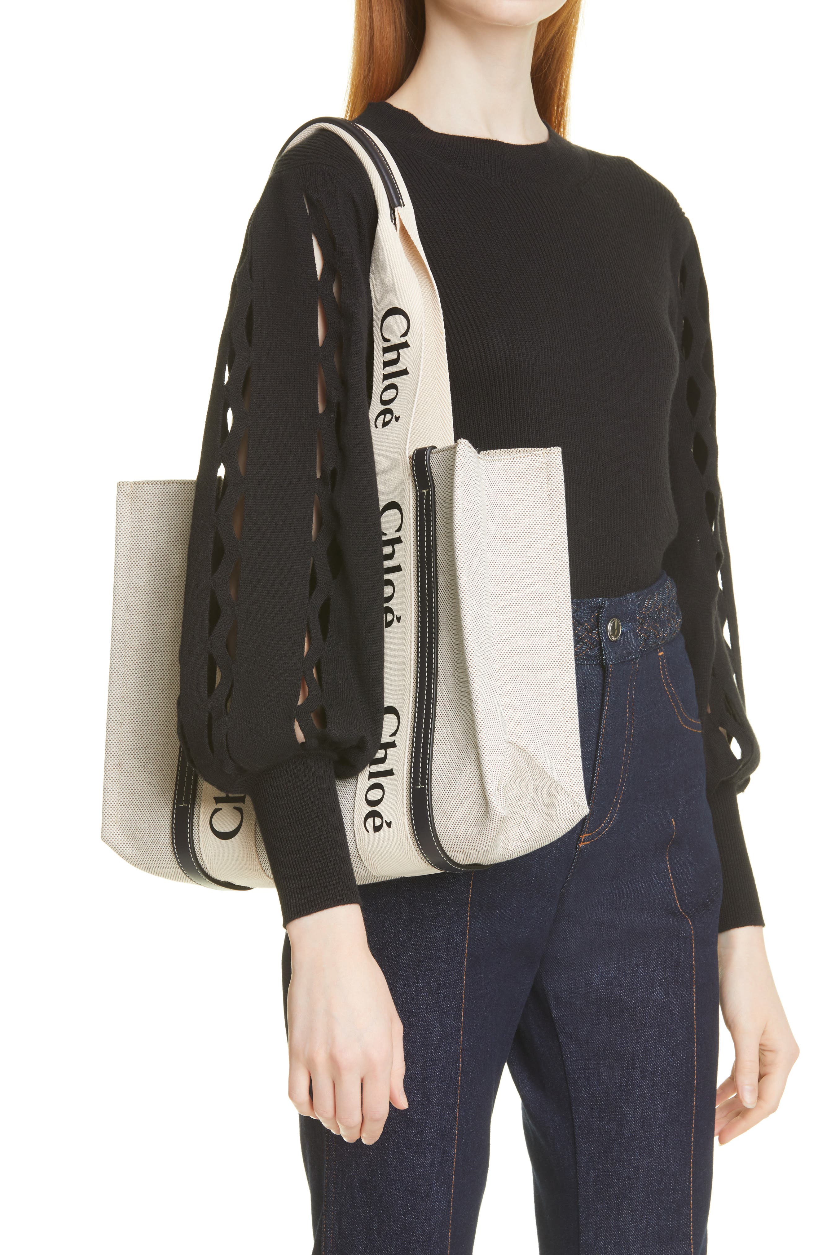 Chloé Medium Woody Logo Strap Canvas Tote, Alternate, color, 