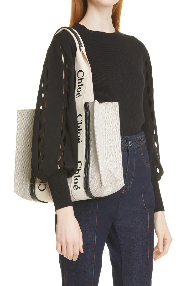 Chloé Medium Woody Logo Strap Canvas Tote, Alternate, color,