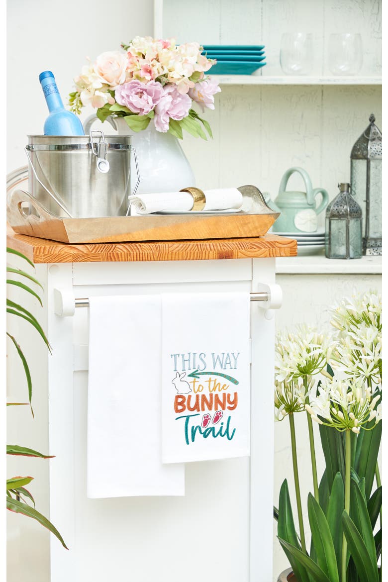 "This Way to the Bunny Trail" Easter Rabbit Spring Theme Kitchen Dishtowel, Alternate, color, White