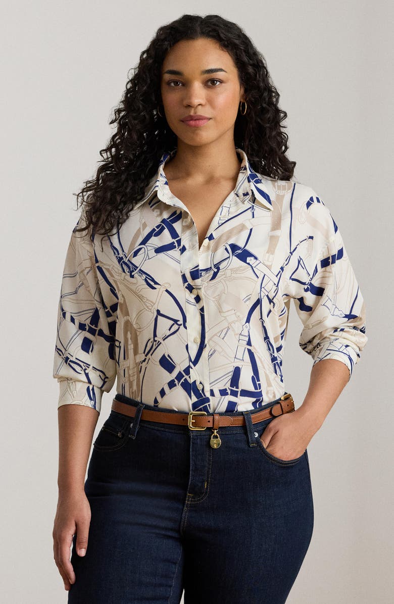 Lauren Ralph Lauren Belting Print Classic Fit Crepe Button-Up Shirt, Alternate, color, Cream/ Navy