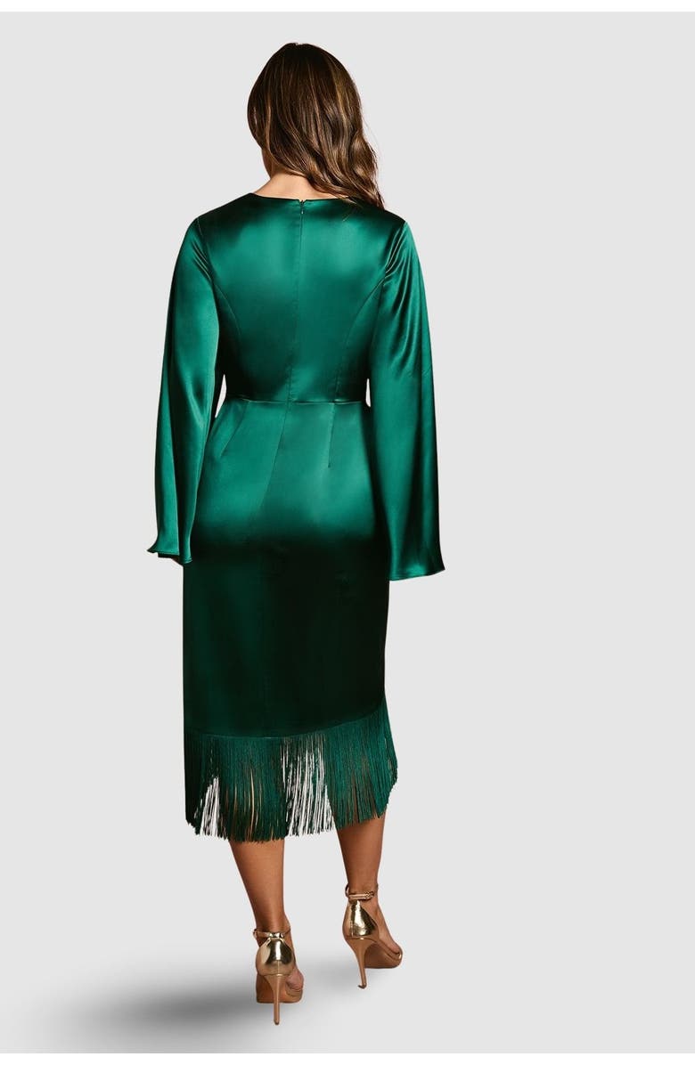 Coast Satin Fringe Hem Wrap Waist Midi Dress, Alternate, color, Emerald