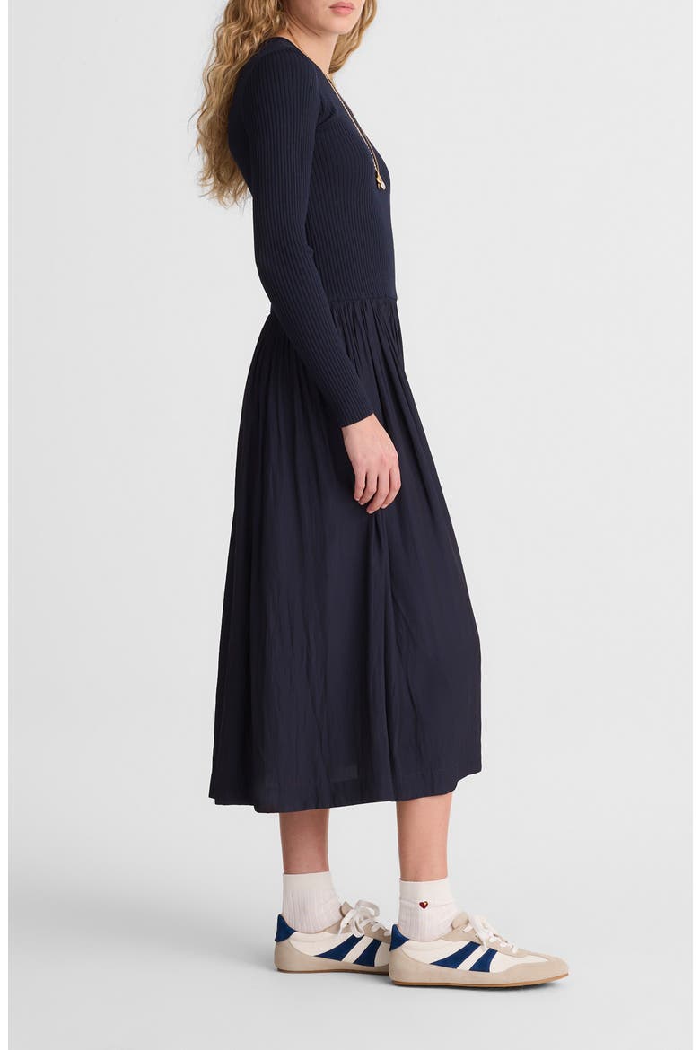 Rib Mixed Media Long Sleeve Midi Dress, Alternate, color, CLASSIC NAVY