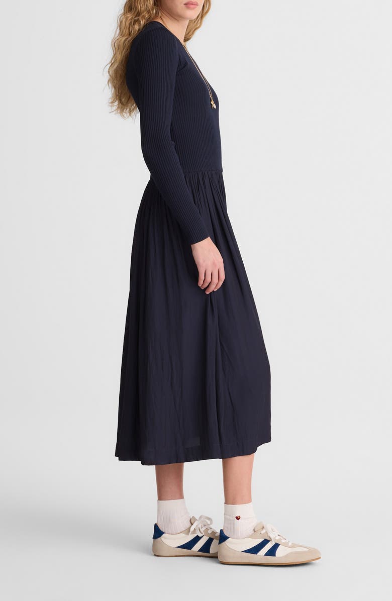 Madewell Rib Mixed Media Long Sleeve Midi Dress, Alternate, color, Classic Navy
