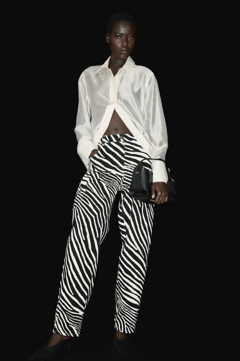 Barrel-leg Twill Trousers, Alternate, color, Black/zebra print