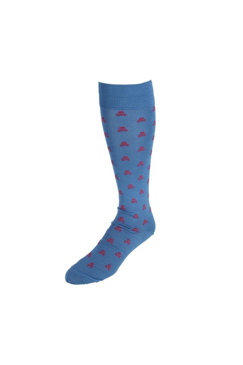 Pirate's Skull & Crossbones Pima Cotton Over The Calf Novelty Dress Sock, Main, color, Azure Blue