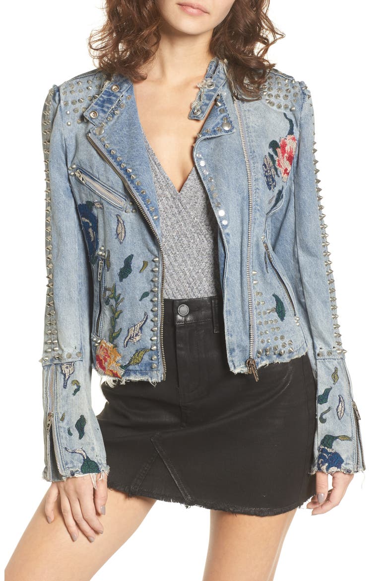 Sea of Flowers Studded Denim Moto Jacket, Main, color, DENIM BLUE