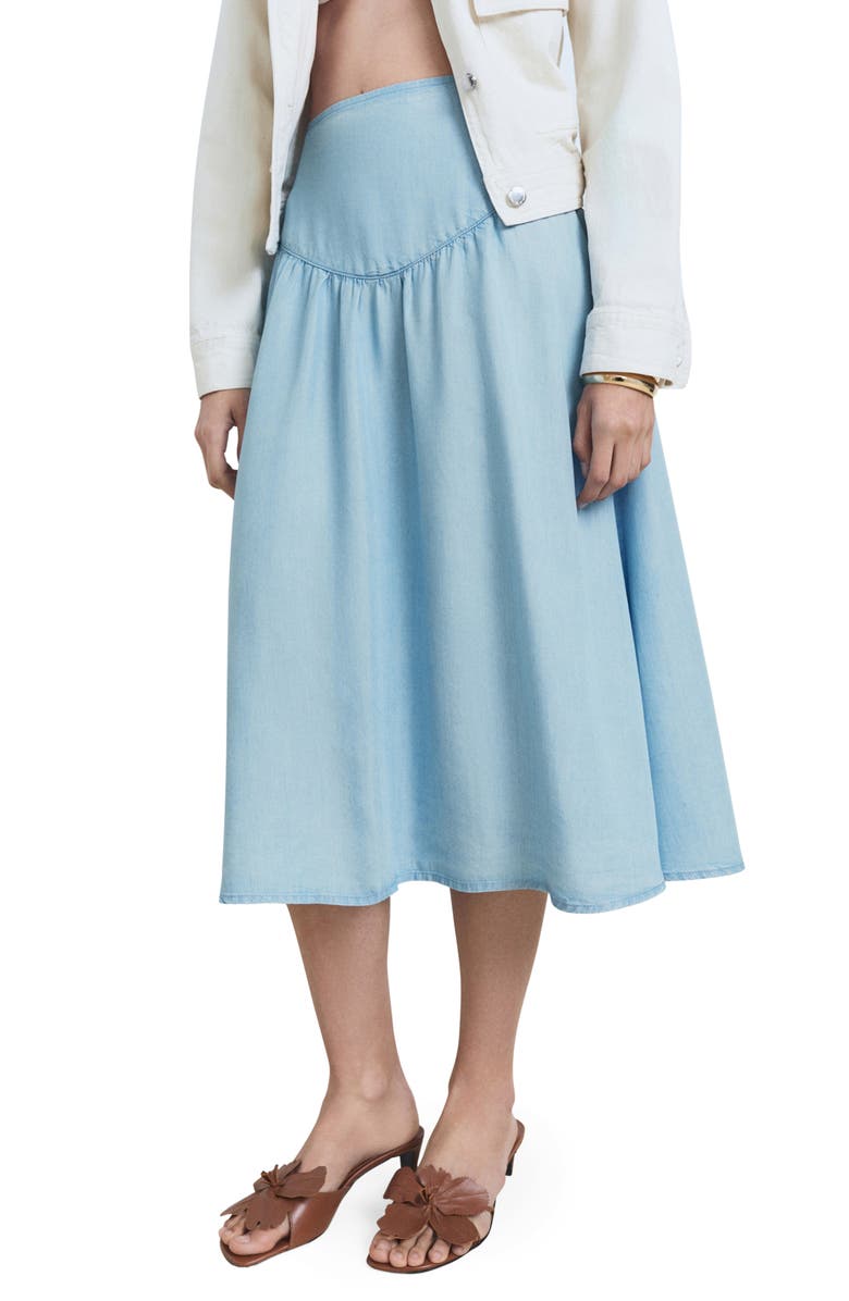 MANGO Gathered Denim Midi Skirt, Main, color, Medium Blue