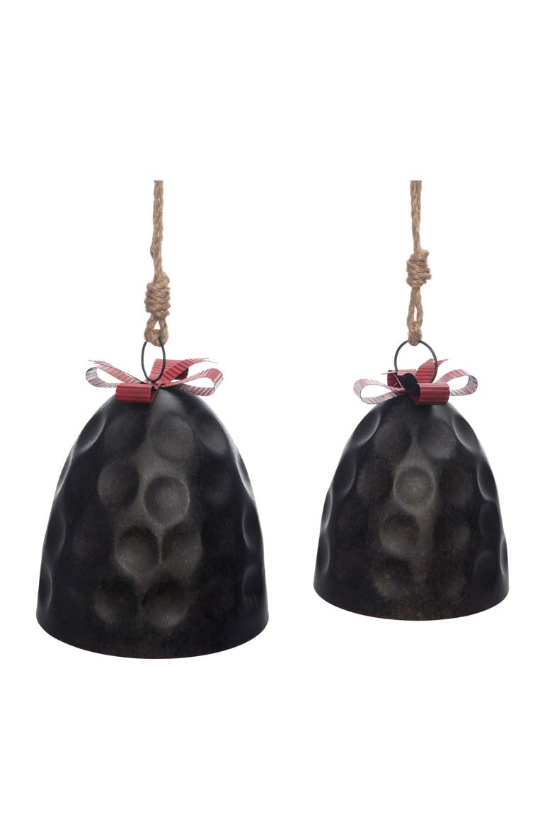Brown Metal Christmas Bells with Bow Set of 2 for Holiday Decor, Main, color, Brown