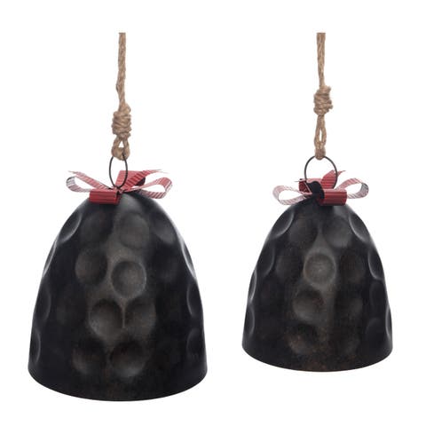 Brown Metal Christmas Bells with Bow Set of 2 for Holiday Decor