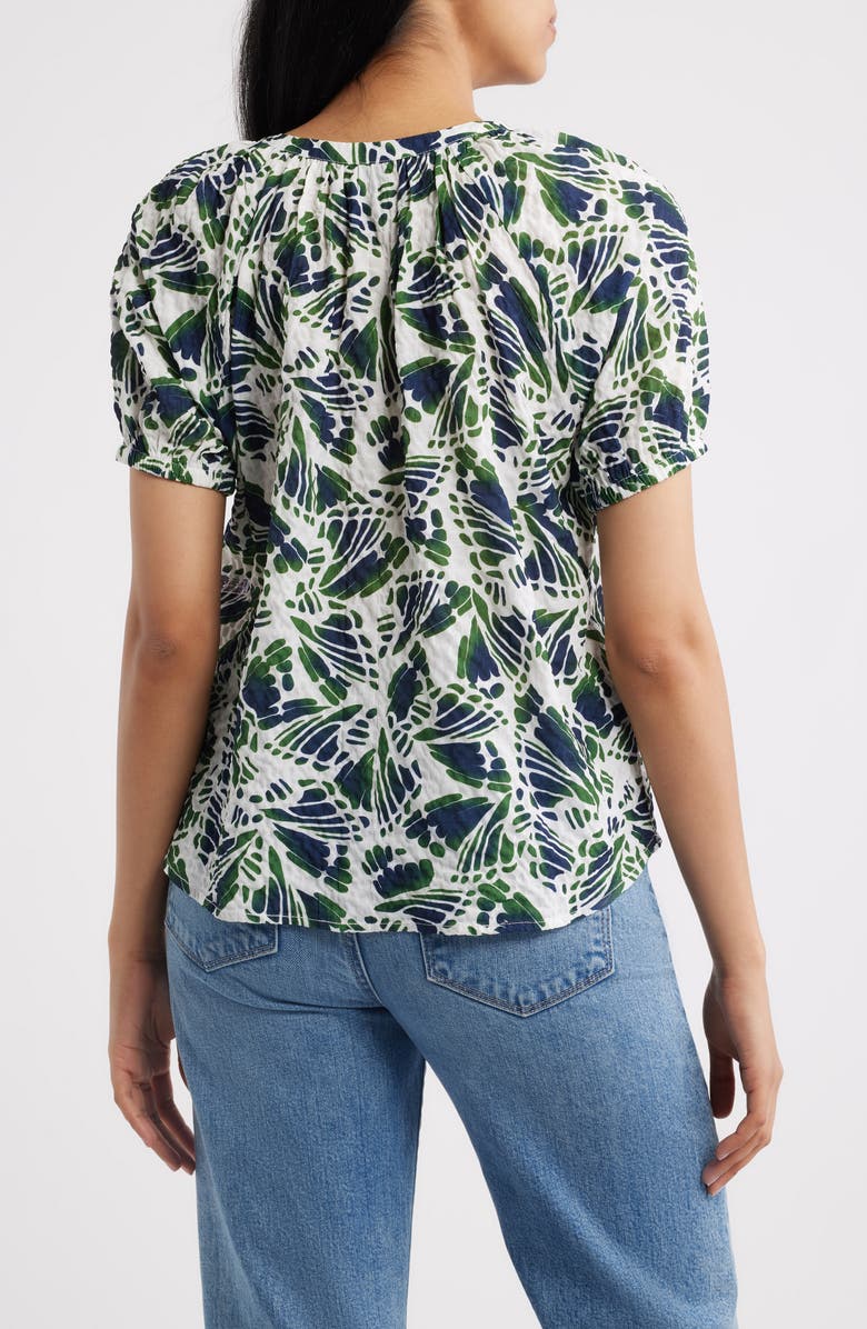 Bobeau Abstract Print Puff Sleeve Button-Up Top, Alternate, color, Navy/ Green