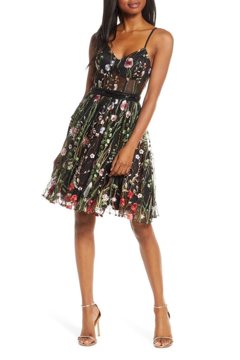 Embroidered Fit & Flare Cocktail Dress, Main, color, BLACK/MULTI