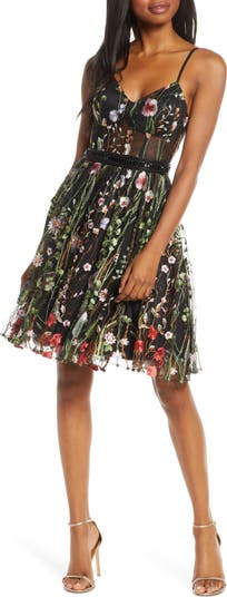 mac duggal embroidered fit & flare cocktail dress Mac Duggal Women's Embroidered Velvet Long-Sleeve Gown - Black Multi