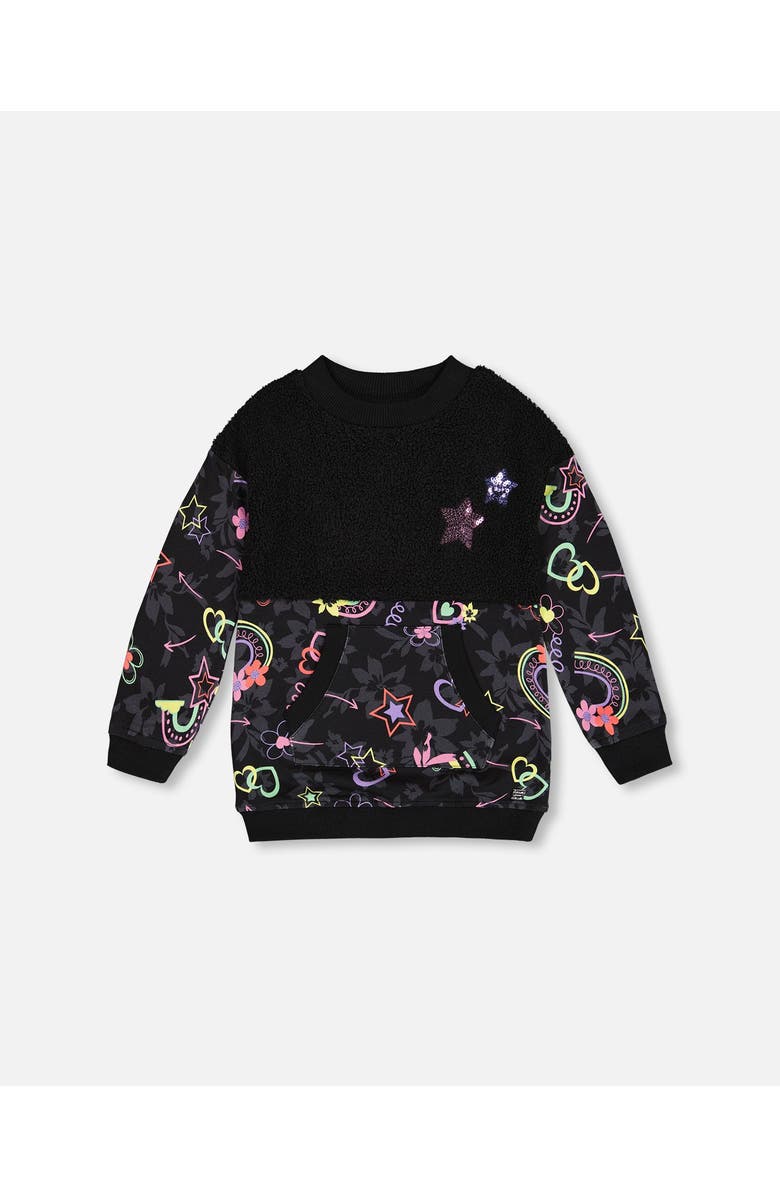 Deux par Deux Girl's Bi-Material French Terry And Soft Fleece Tunic With Pocket Black Printed Rainbow Hearts, Main, color, 