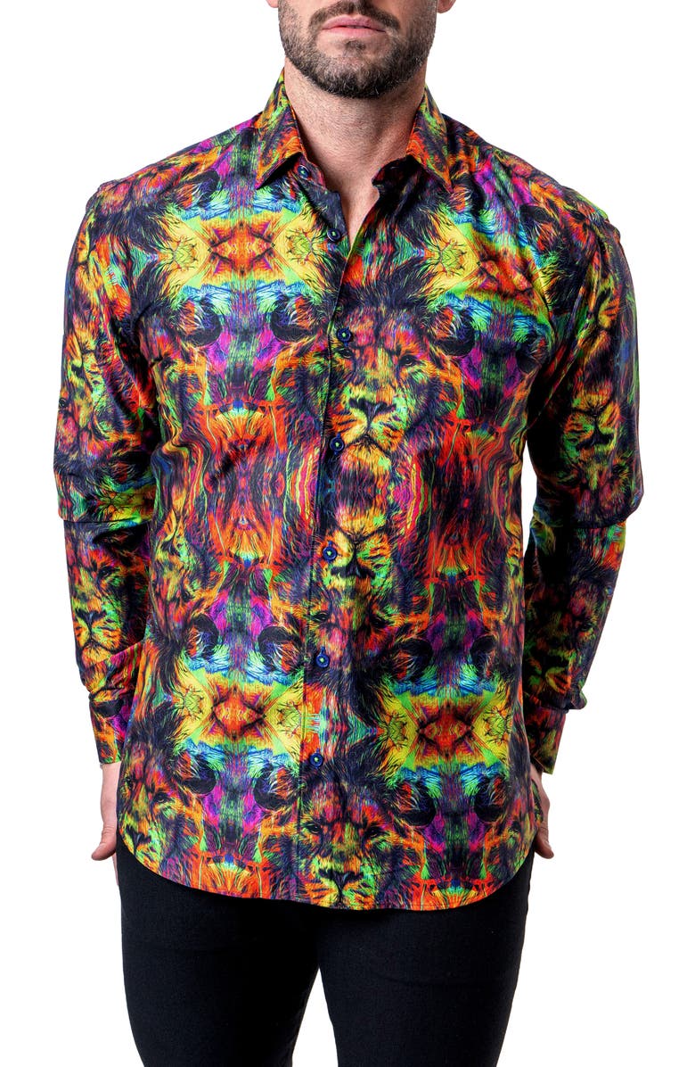 Maceoo Fibonacci Trippy Lion Button-Up Shirt, Alternate, color, 