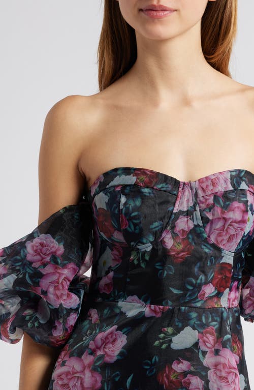 Lulus Flral Bustier Gown In Black/pink/white
