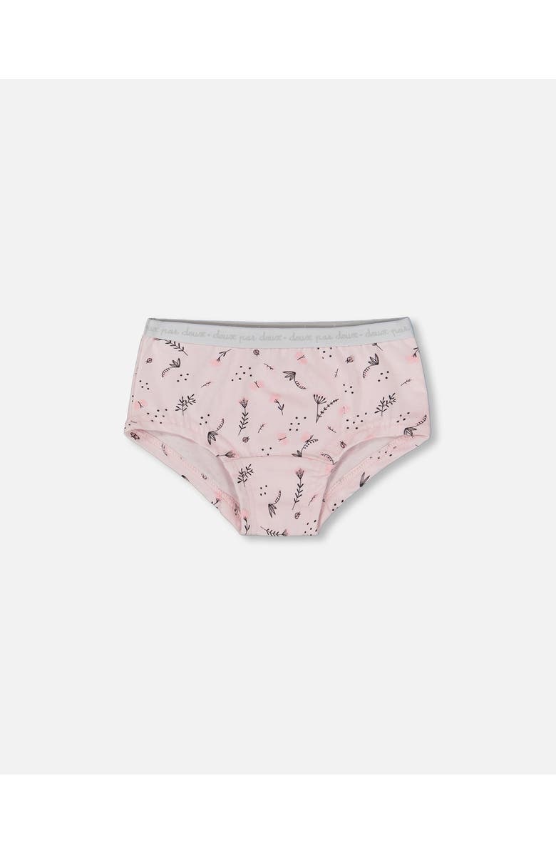 Deux par Deux Girl's Printed Organic Cotton Boyshort Panty Small Pink Flowers On Pale Pink Background, Main, color, 