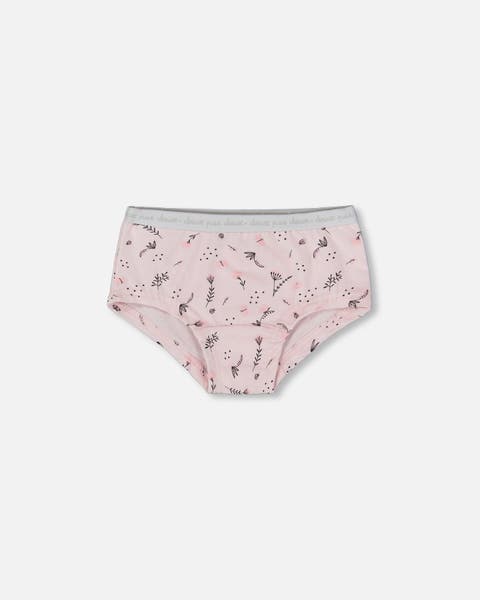 Girl's Printed Organic Cotton Boyshort Panty Small Pink Flowers On Pale Pink Background