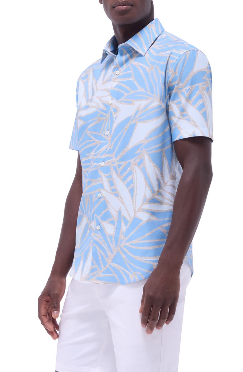 Bugatchi Orson Leaf Print Short Sleeve Stretch Cotton Button-Up Shirt, Alternate, color, Air Blue