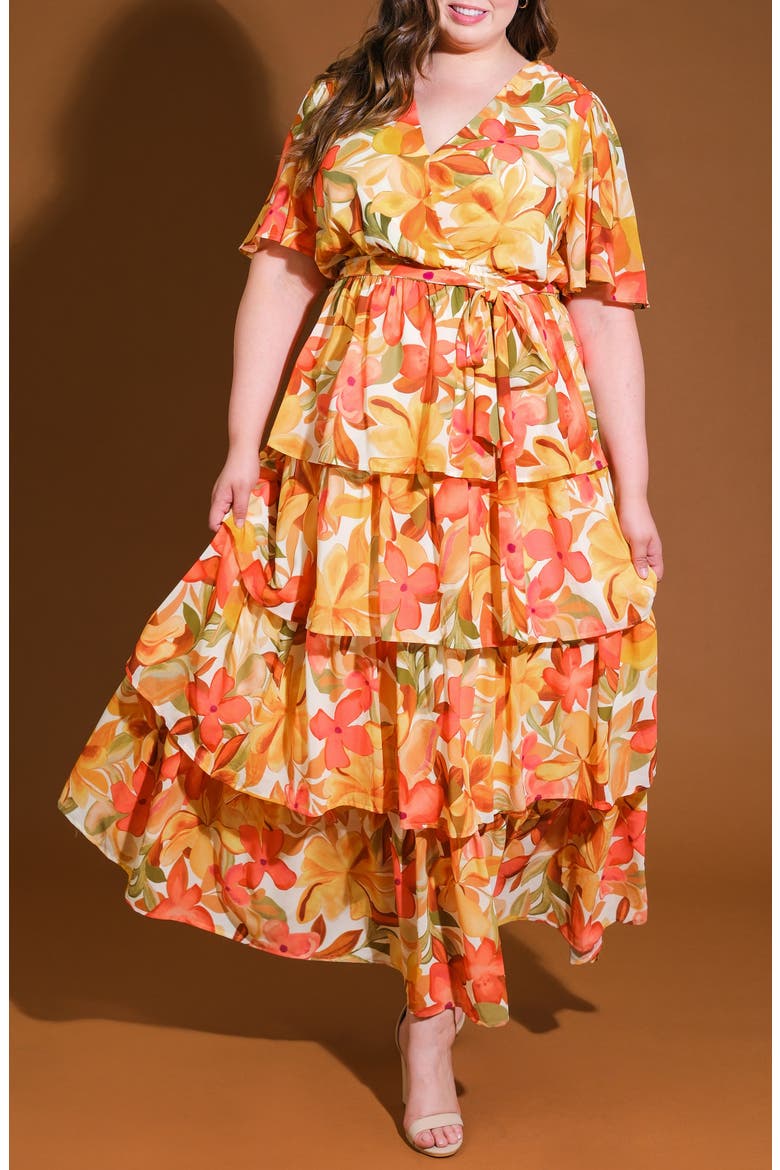 Printed Tie Waist Tiered Maxi Dress, Alternate, color, IVORY MUSTARD