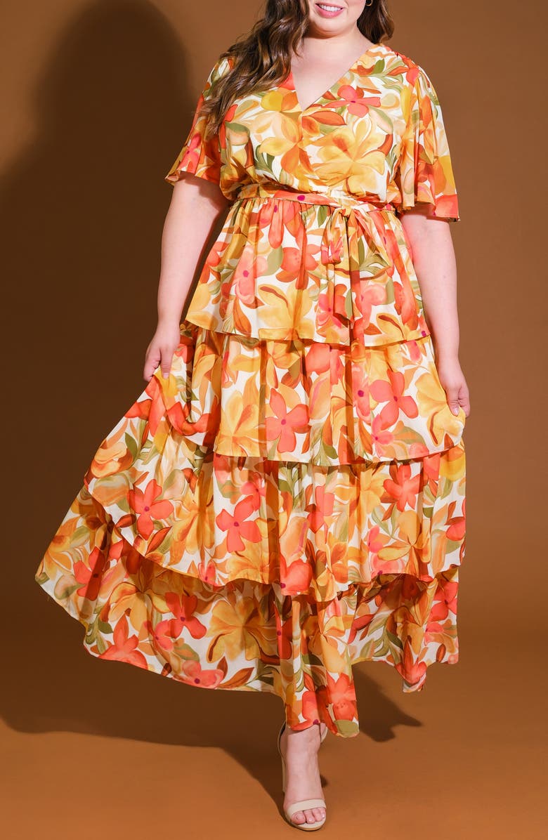 FLYING TOMATO Printed Tie Waist Tiered Maxi Dress, Alternate, color, Ivory Mustard