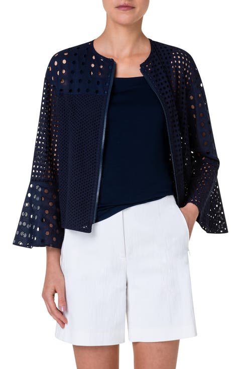 Patchwork Embroidered Cotton Eyelet Zip Jacket