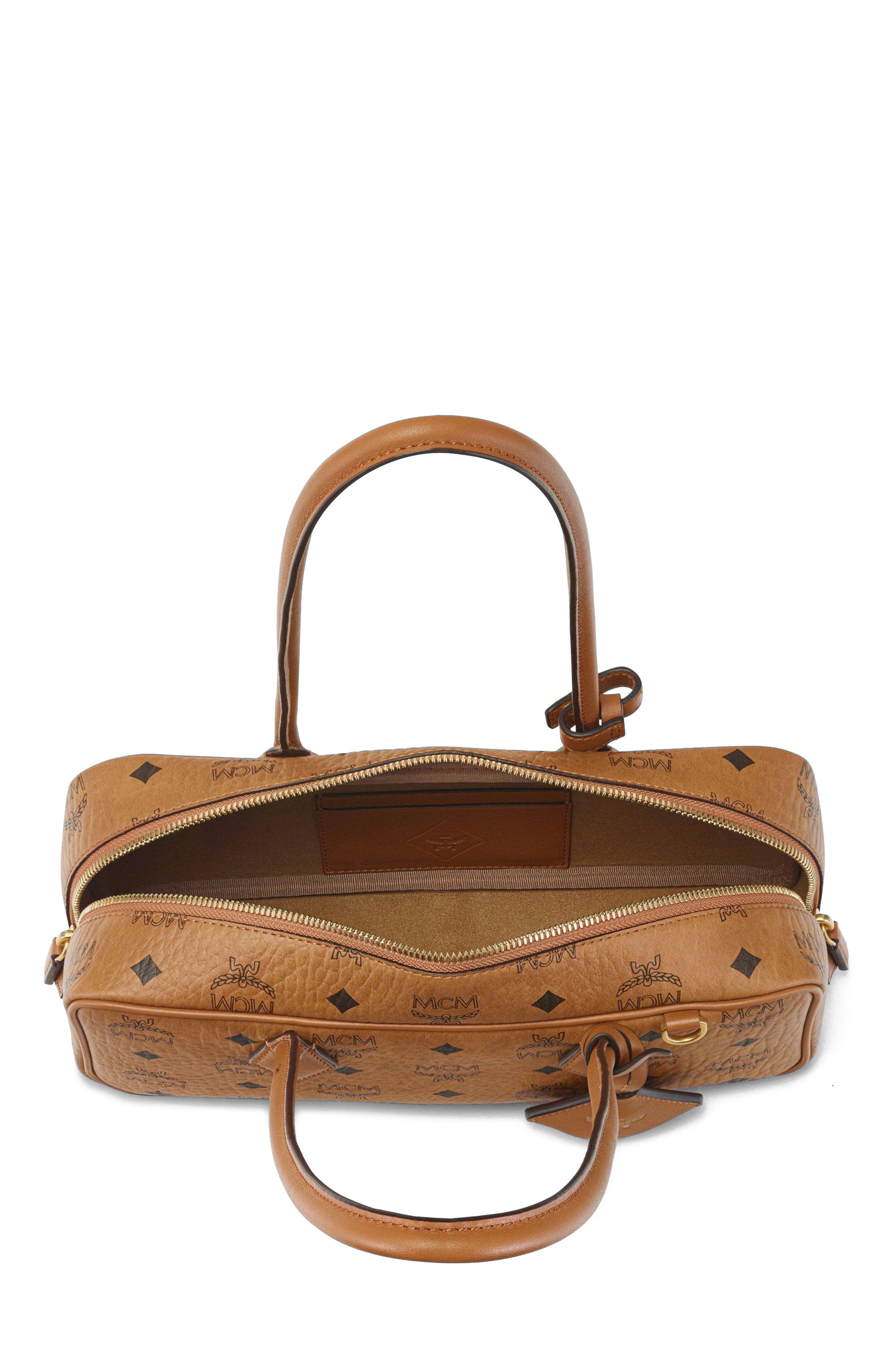 MCM Small Aren East West Shoulder Bag in Visetos, Alternate, color, Cognac