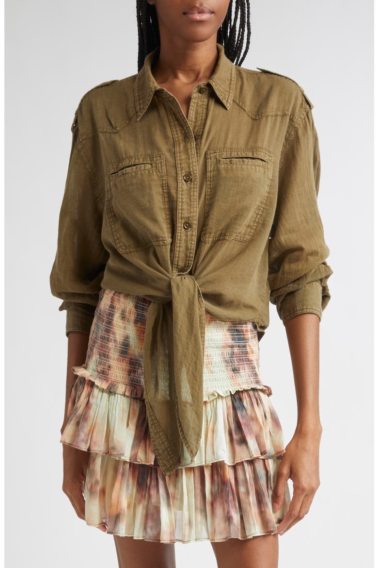 Valiane Button-Up Tie Front Top, Main, color, LIGHT KHAKI