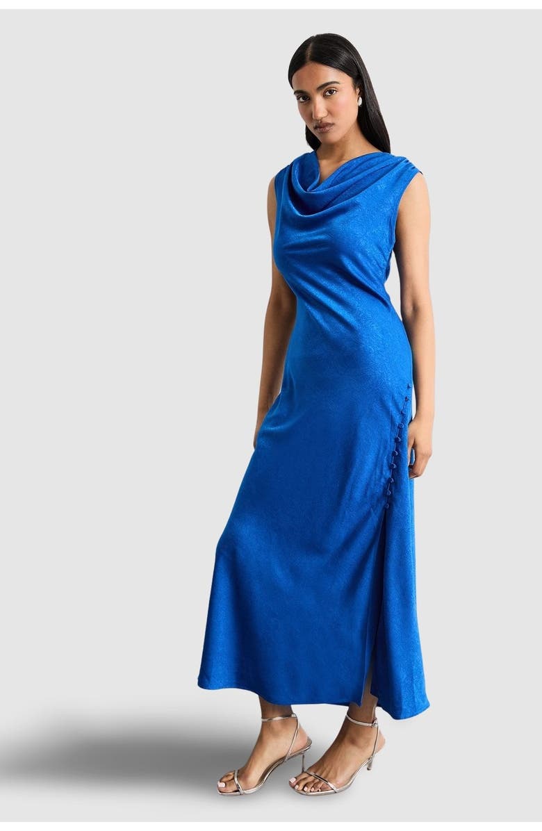 Warehouse Cowl Bias Satin Button Detail Dress, Main, color, Cobalt