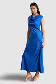 Warehouse Cowl Bias Satin Button Detail Dress