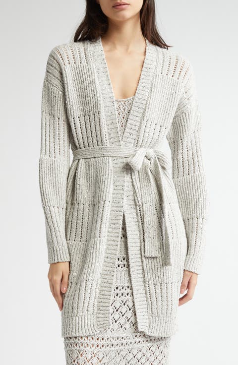 Sequin Cotton Blend Belted Cardigan