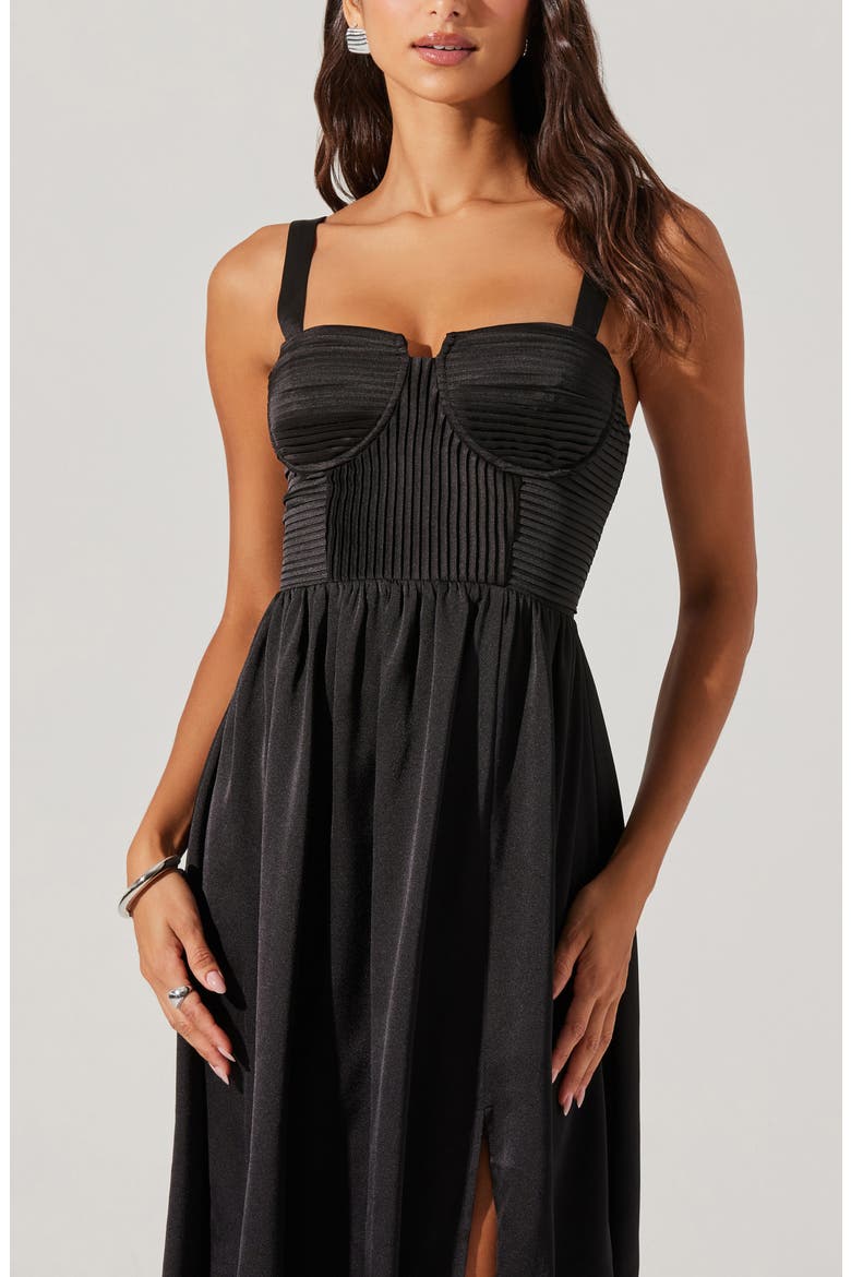 Pleated Bustier Midi Dress, Alternate, color, BLACK