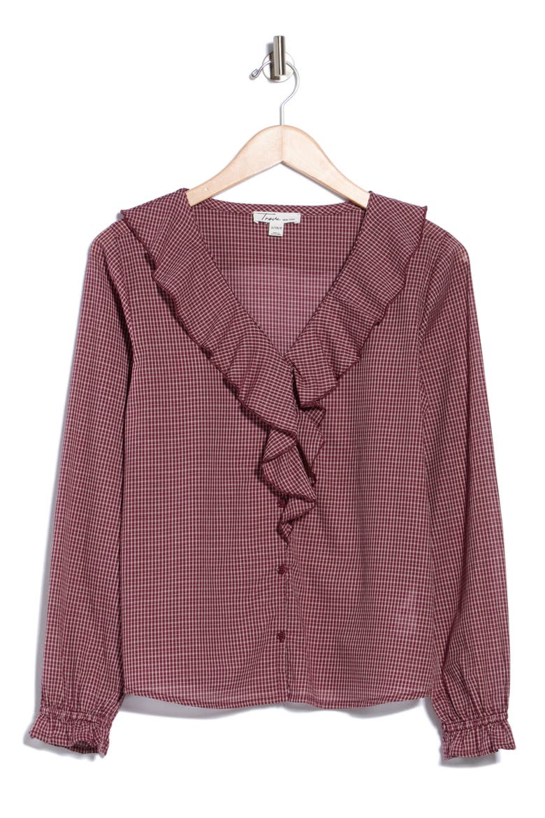 Ruffled Neck Plaid Top, Alternate, color, WINE NIGHT