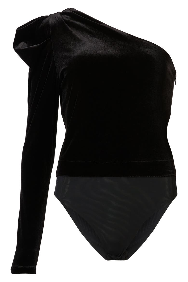 Daphne One-Shoulder Velvet Bodysuit, Alternate, color, BLACK