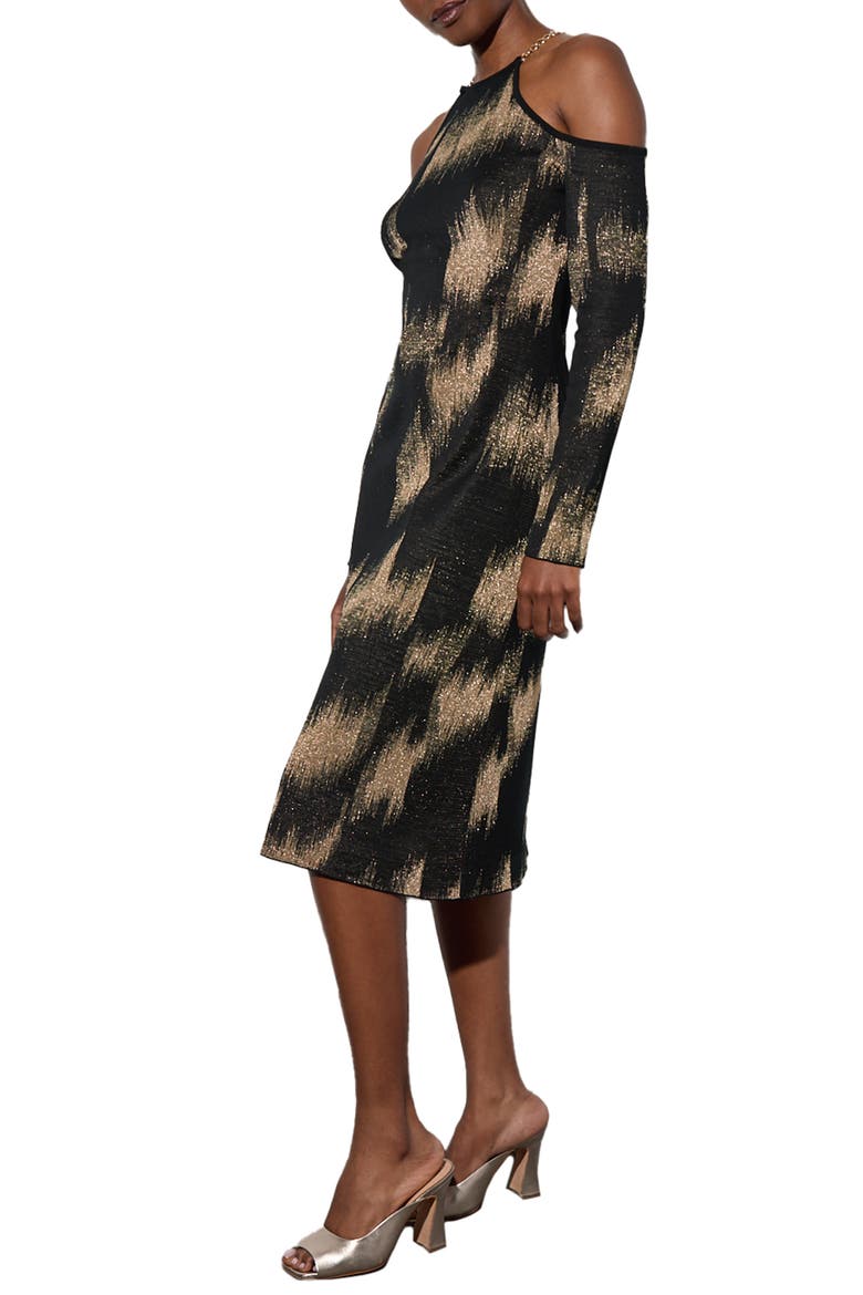 Metallic Long Sleeve Jacquard Midi Dress, Alternate, color, BLACK/GOLD