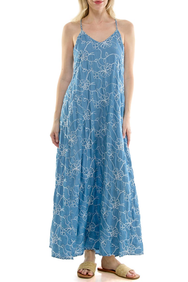 Floral Embroidered Maxi Slipdress, Main, color, MEDIUM WASH