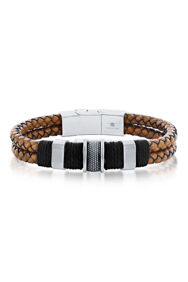 Men's Braided Leather & Stainless Steel Bracelet, Main, color, BROWN