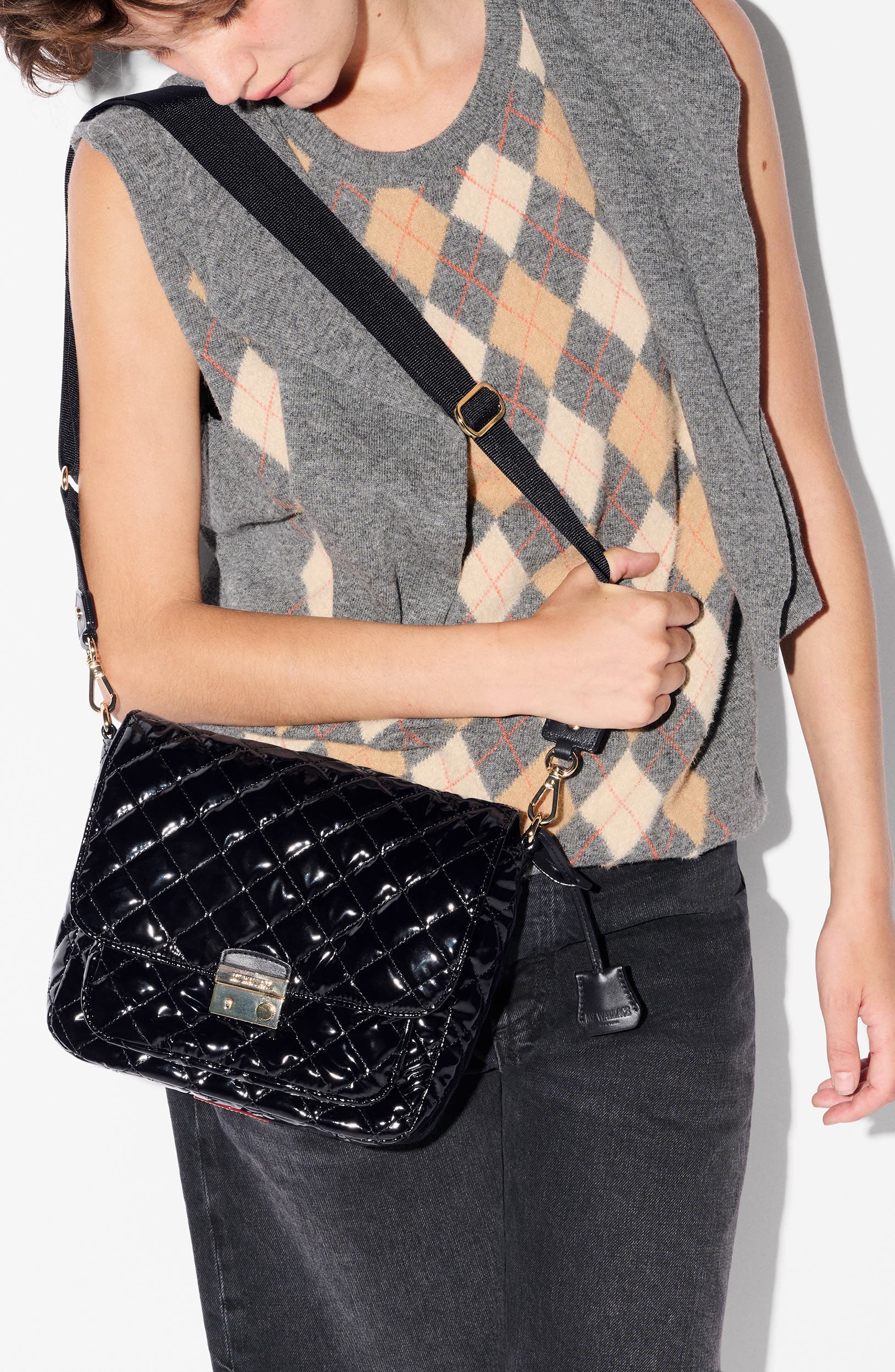 MZ Wallace Medium Crosby Lock Quilted Nylon Crossbody Bag, Alternate, color, Black Lacquer