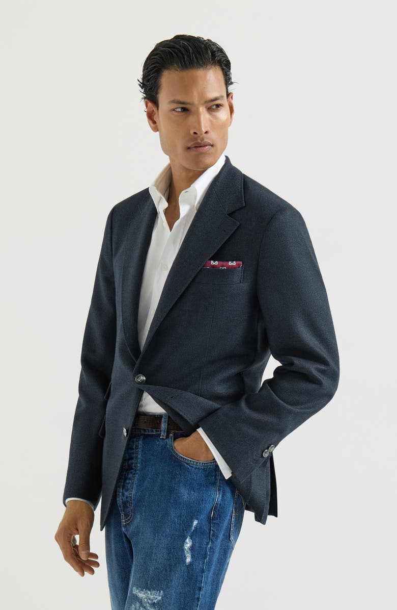 Brunello Cucinelli Mouliné virgin wool twill deconstructed Cavallo blazer with metal buttons, Main, color, Navy Blue
