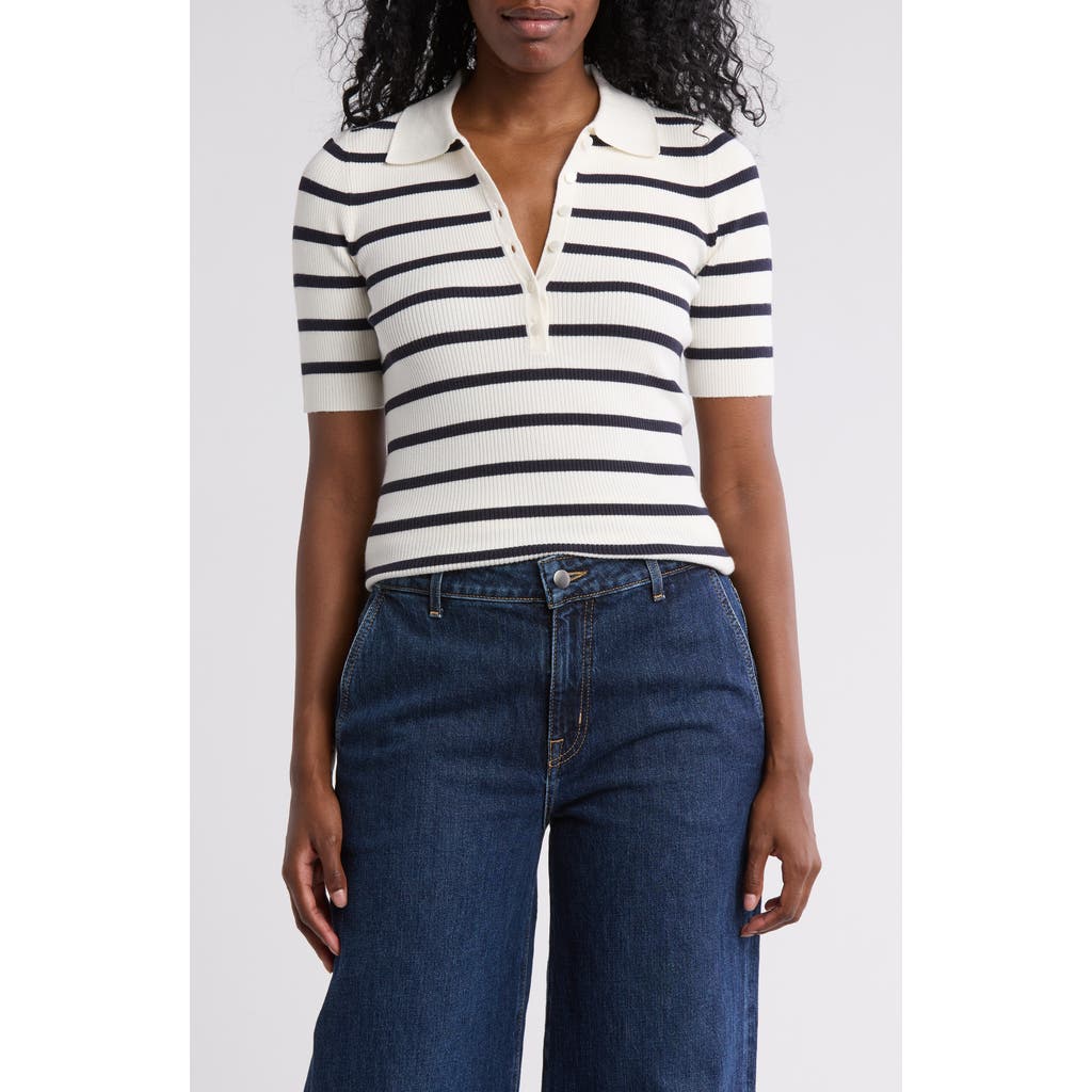 Nordstrom Rack Stripe Rib Polo Sweater In Ivory Tofu- Navy Night Stripe