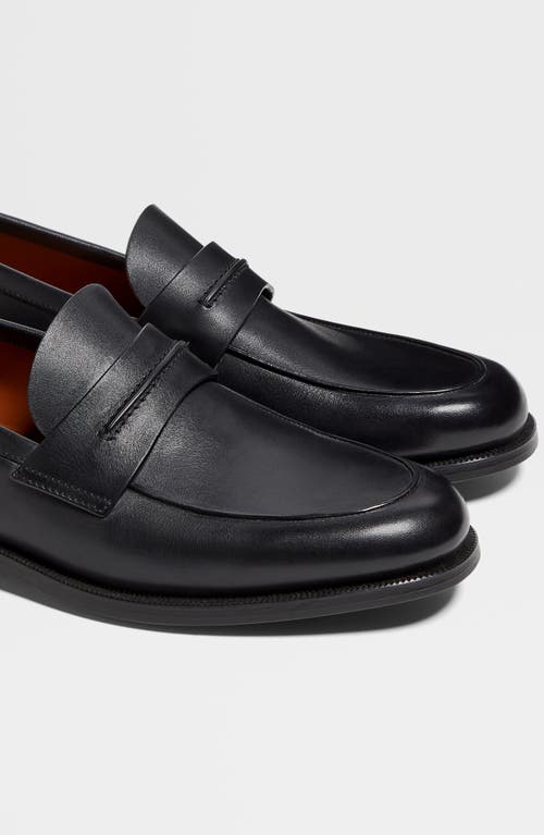 Zegna Black Natural Grain Leather Mocassin Loafer In Black