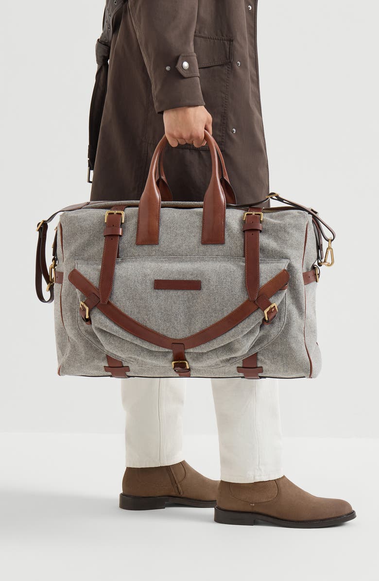 Brunello Cucinelli Virgin wool, alpaca and cashmere flannel field bag with grained calfskin inserts, Alternate, color, Medium Grey