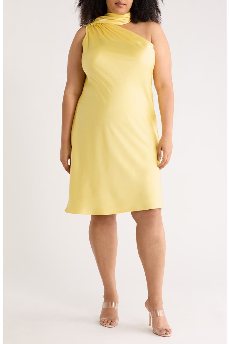 One-Shoulder Satin Shift Dress with Scarf, Main, color, BUTTER
