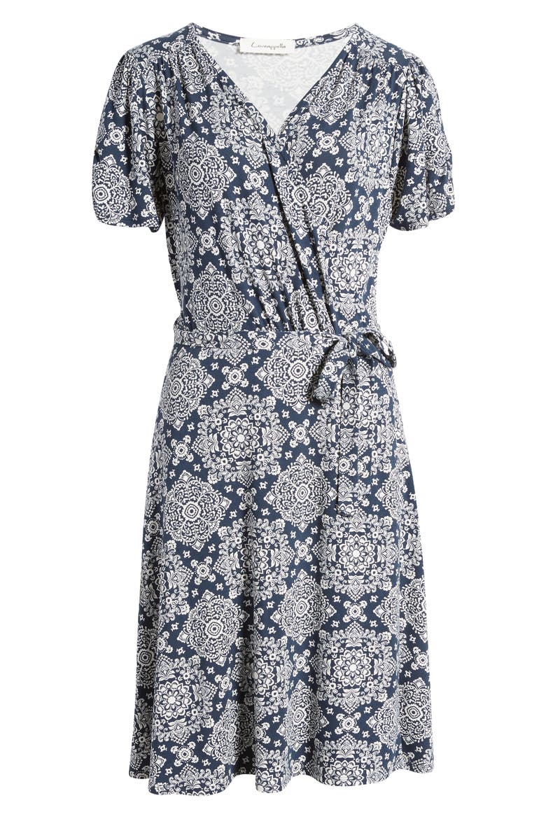 Short Sleeve Faux Wrap Dress, Alternate, color, NAVY/ IVORY