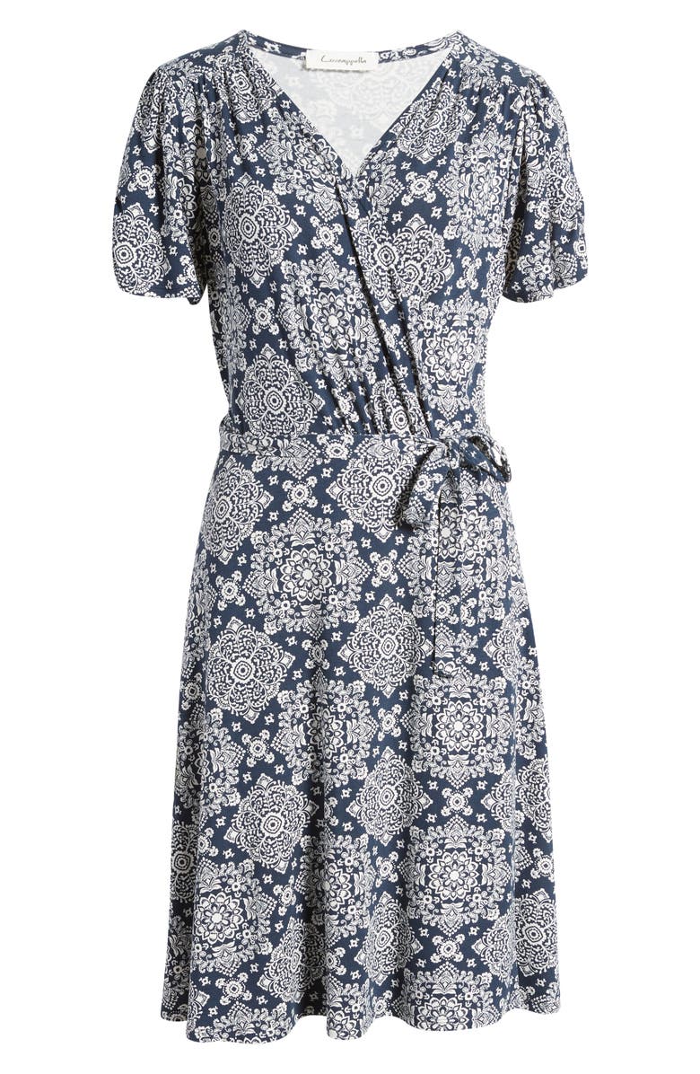Loveappella Short Sleeve Faux Wrap Dress, Alternate, color, Navy/ Ivory