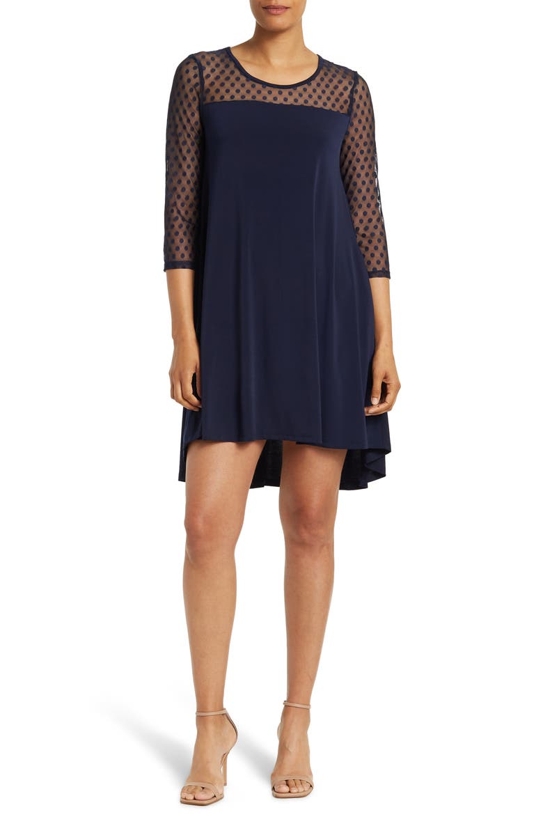 Nina Leonard Mesh Hi-Lo Dress, Main, color, Navy